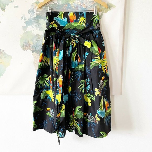 Marc Jacobs Dresses & Skirts - Marc Jacobs Size 6 Skirt Parrot Print A-Line Midi Belted Black Cotton Blend Rare